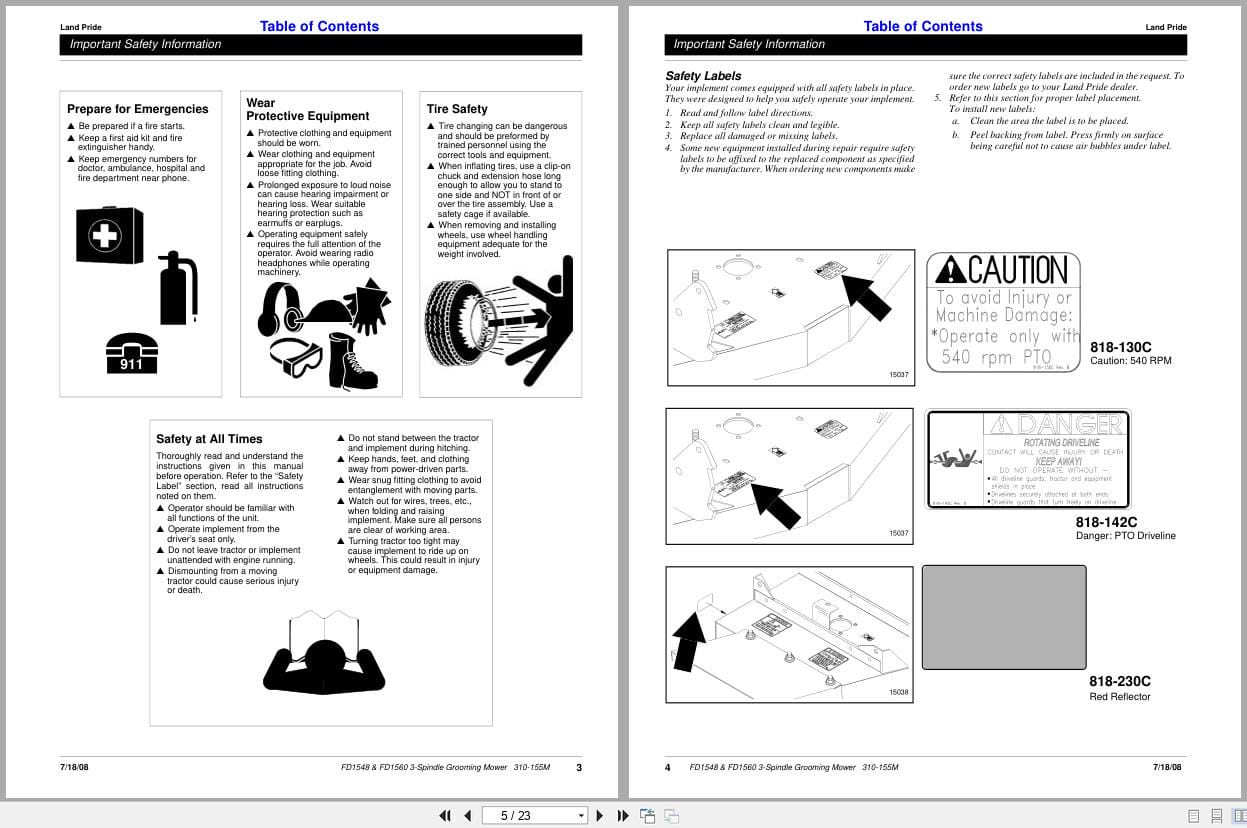Land Pride 3 Spindle Grooming Mowers FD1548 FD1560 Operator Manual 310 155M (2)