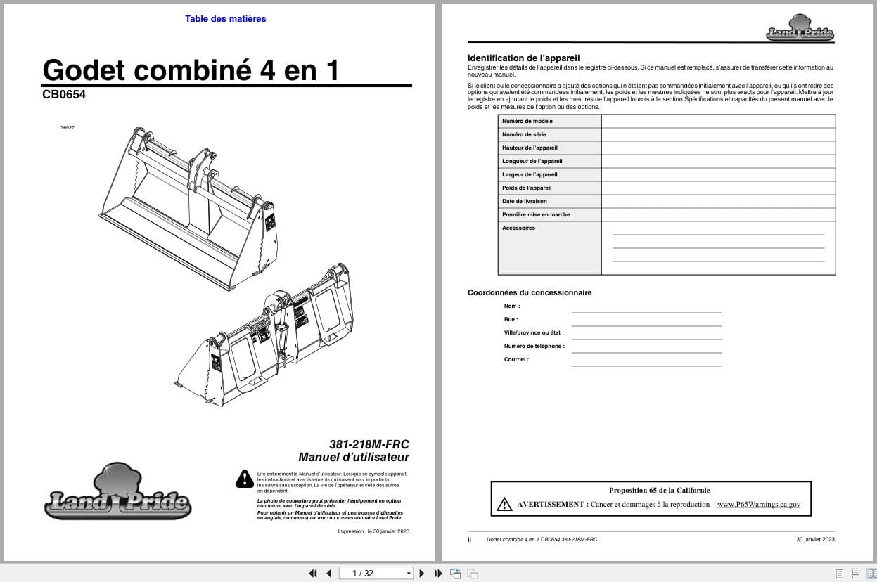 Land Pride 4 In 1 Combination Bucket CB0654 Operator Manual 381 218M FRC FR (1)