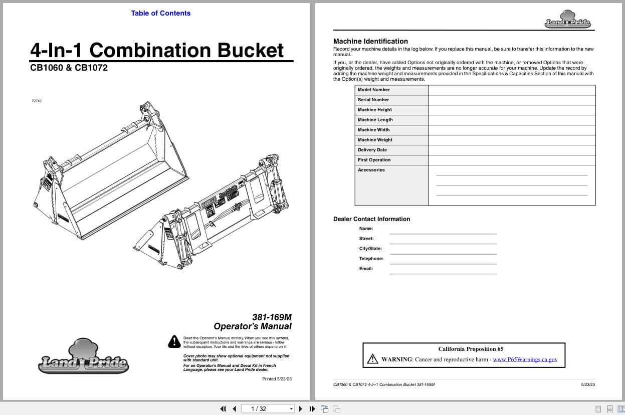 Land Pride 4 In 1 Combination Bucket CB1060 CB1072 Operation Manual 381 169M (1)