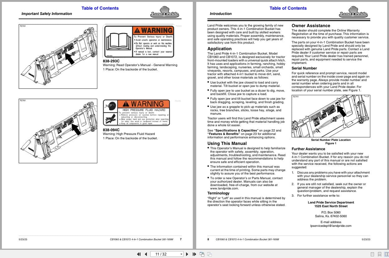Land Pride 4 In 1 Combination Bucket CB1060 CB1072 Operation Manual 381 169M (2)