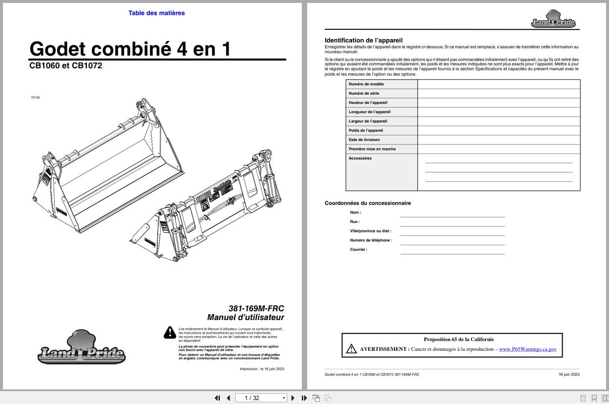 Land Pride 4 In 1 Combination Bucket CB1060 CB1072 Operator Manual 381 169M FRC FR (1)