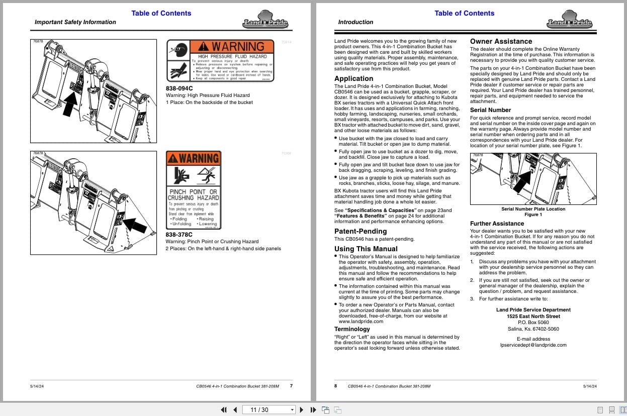 Land Pride 4 in 1 Combination Bucket CB0546 Operation Manual 381 208M (2)