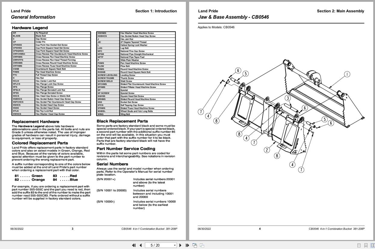 Land Pride 4 in 1 Combination Bucket CB0546 Parts Manual 381 208P (2)