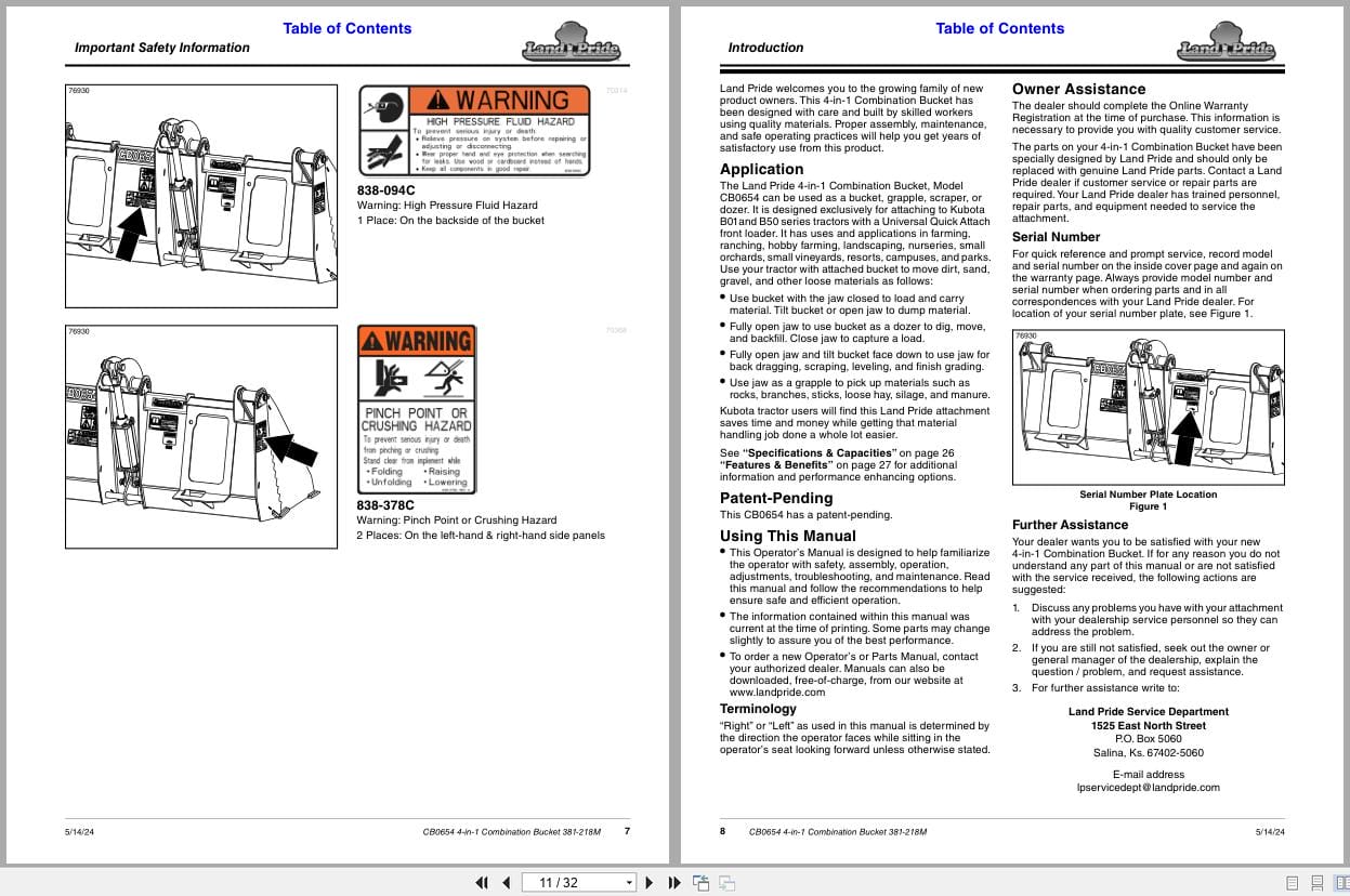 Land Pride 4 in 1 Combination Bucket CB0654 Operation Manual 381 218M (2)