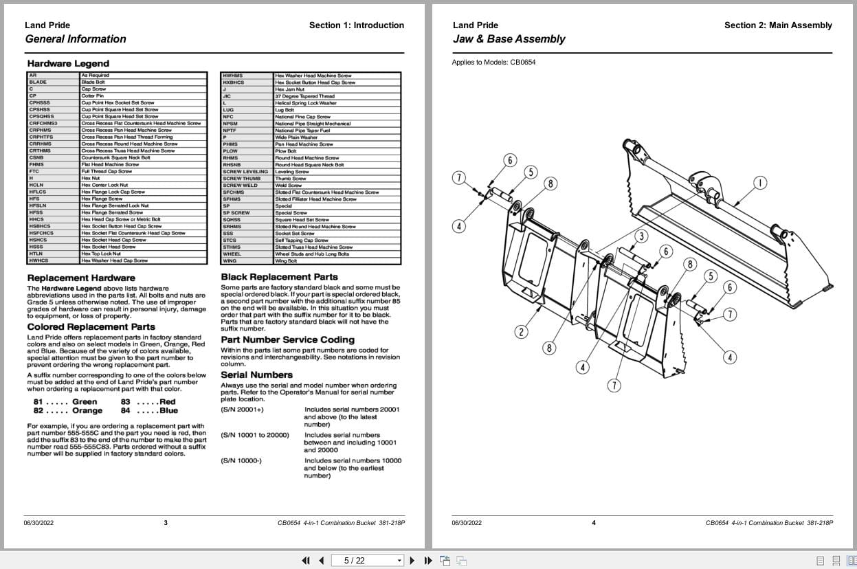 Land Pride 4 in 1 Combination Bucket CB0654 Parts Manual 381 218P (2)
