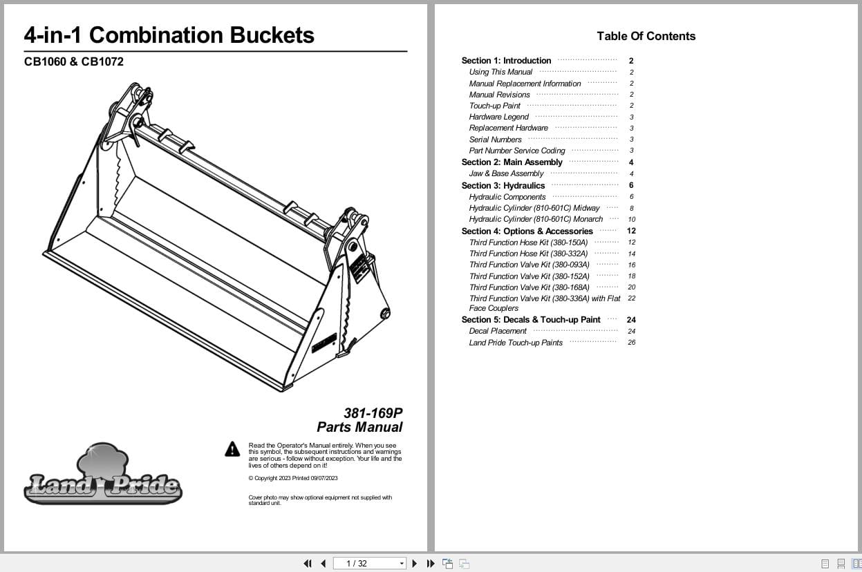 Land Pride 4 in 1 Combination Buckets CB1060 CB1072 Parts Manual 381 169P (1)