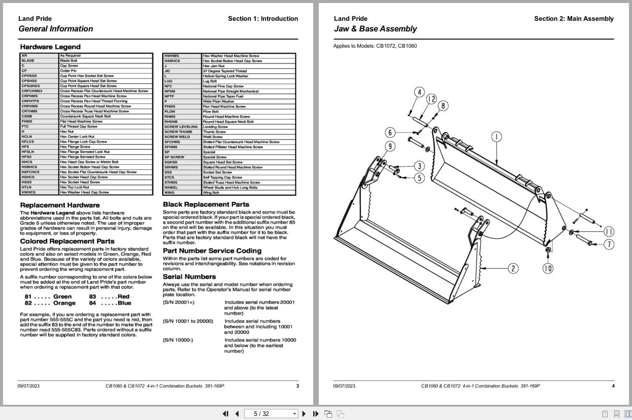 Land Pride 4 in 1 Combination Buckets CB1060 CB1072 Parts Manual 381 169P (2)