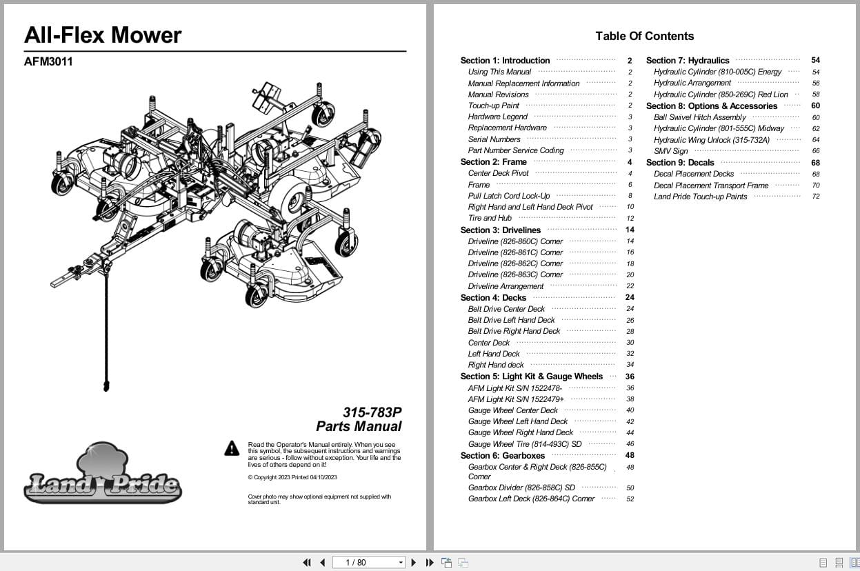 Land Pride All Flex Mower AFM3011 Parts Manual 315 783P (1)