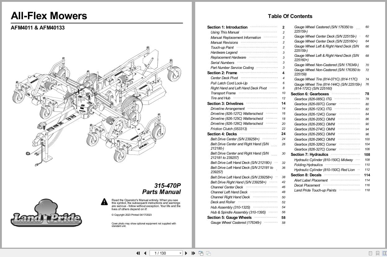 Land Pride All Flex Mower AFM4011 AFM40133 Parts Manual 315 470P (1)