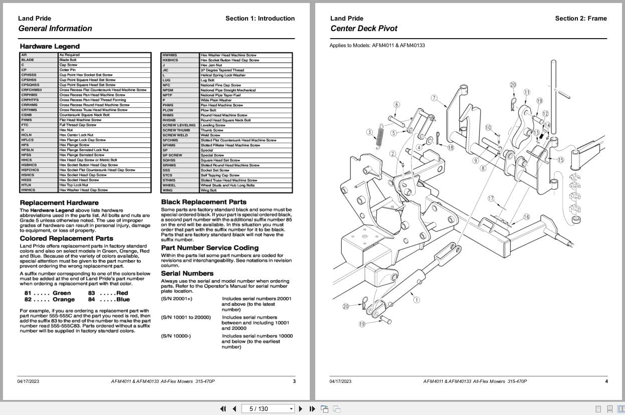 Land Pride All Flex Mower AFM4011 AFM40133 Parts Manual 315 470P (2)