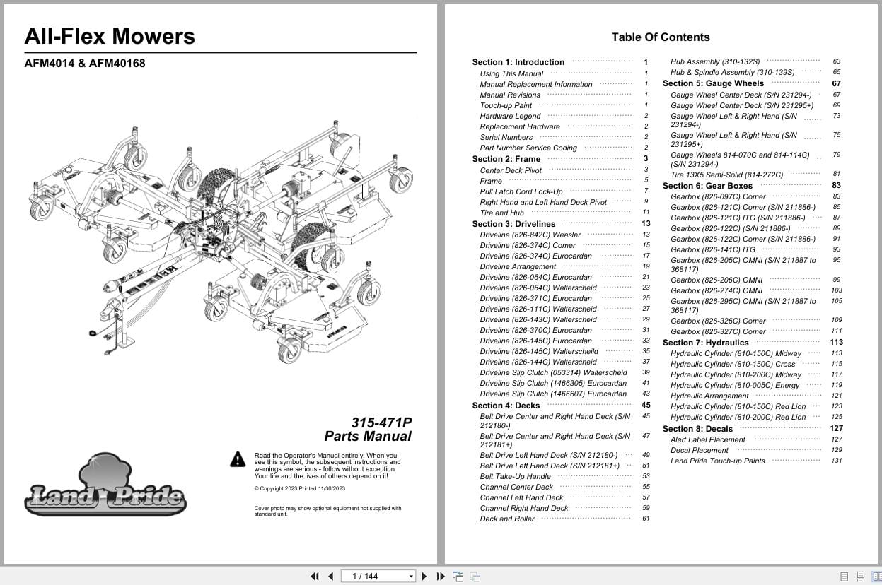 Land Pride All Flex Mower AFM4014 AFM40168 Parts Manual 315 471P (1)