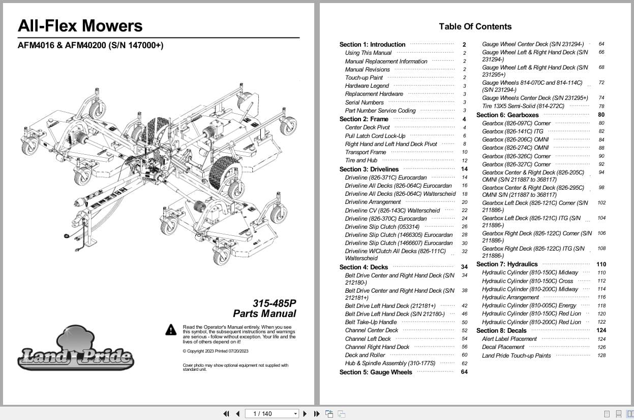 Land Pride All Flex Mower AFM4016 AFM40200 Parts Manual 315 485P (1)