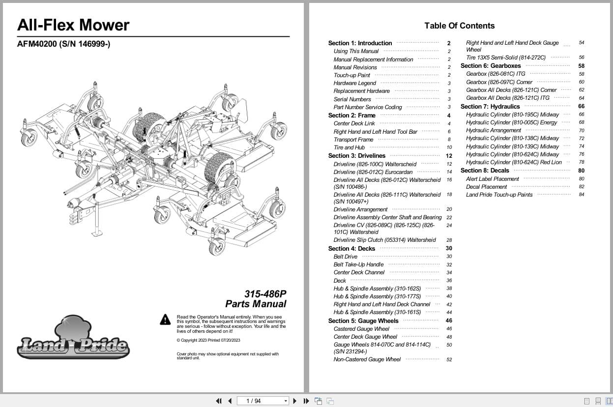 Land Pride All Flex Mower AFM40200 Parts Manual 315 486P (1)