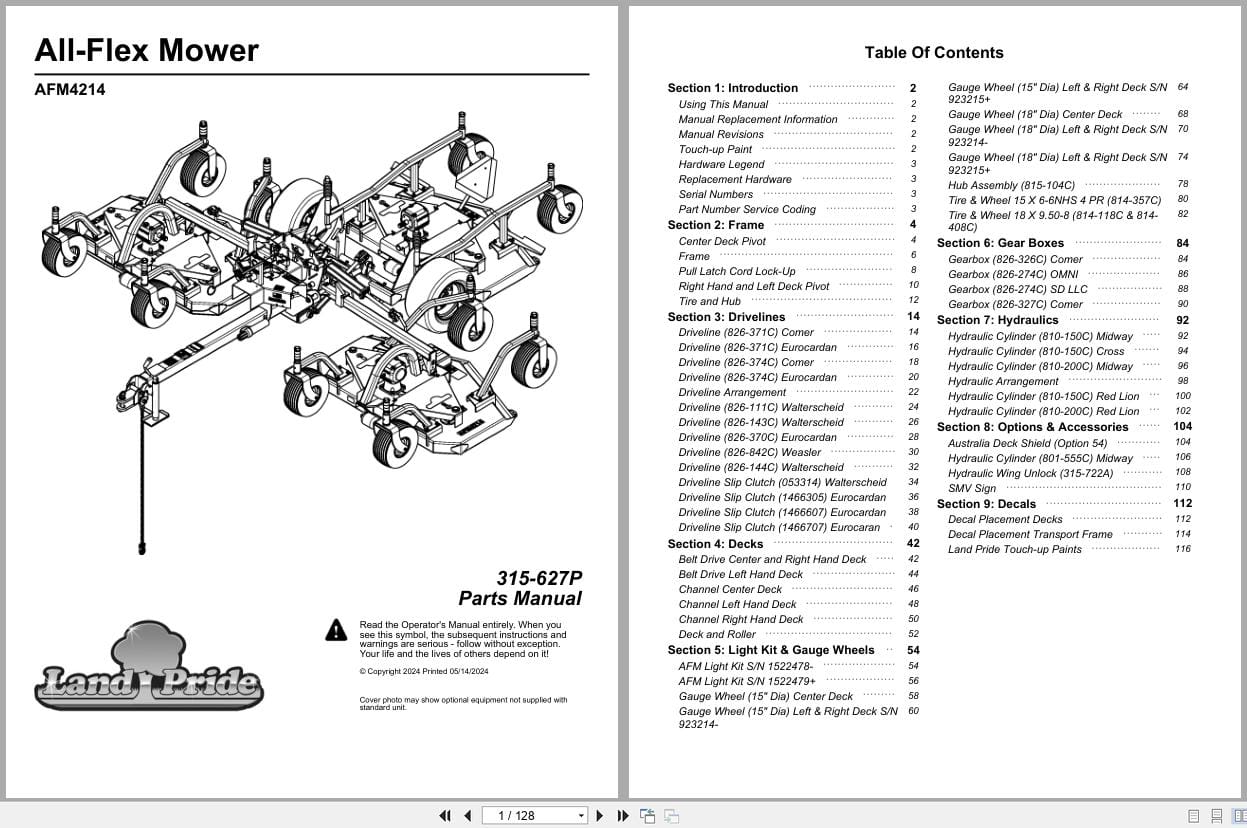 Land Pride All Flex Mower AFM4214 Parts Manual 315 627P (1)