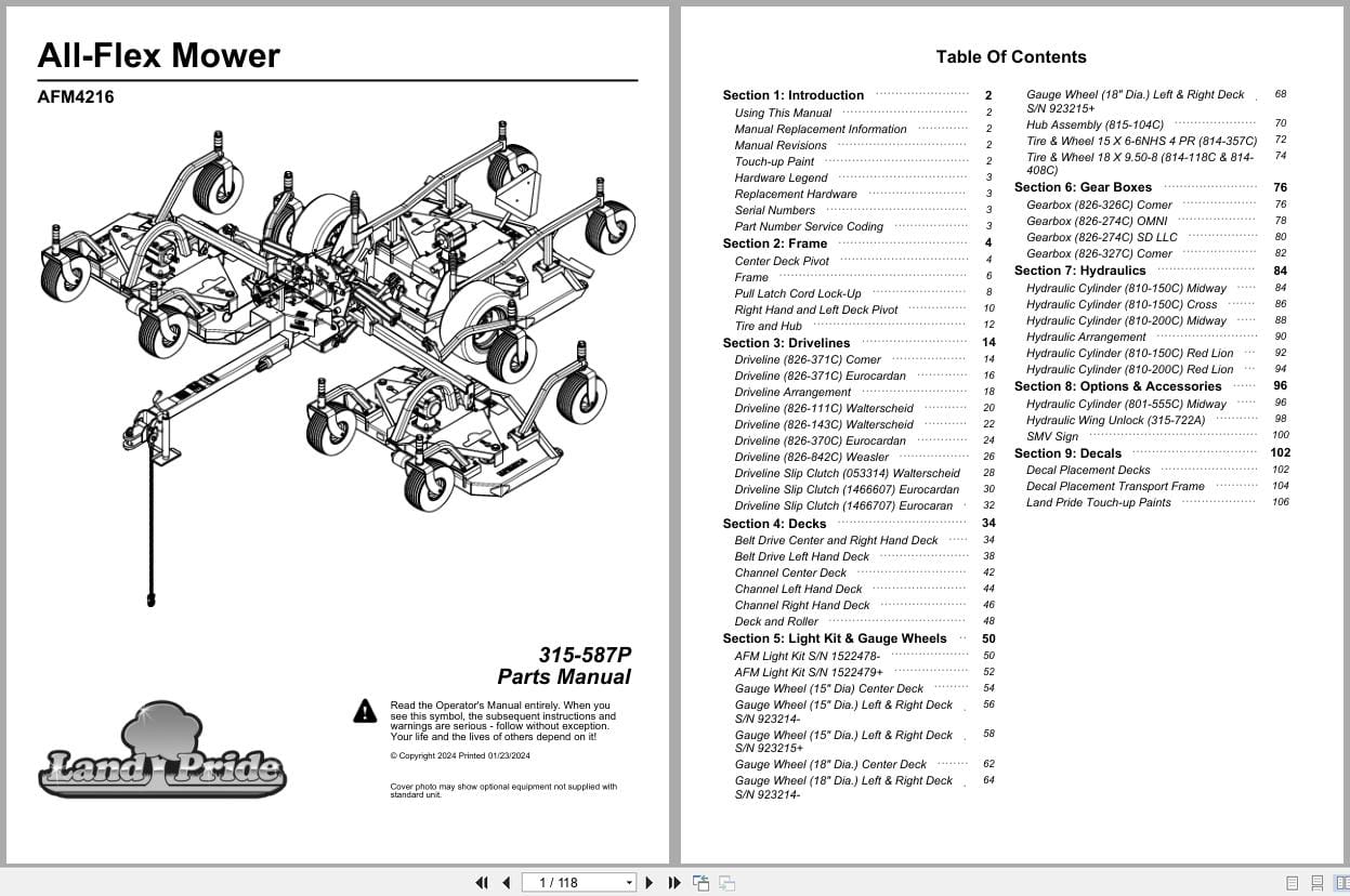 Land Pride All Flex Mower AFM4216 Parts Manual 315 587P (1)