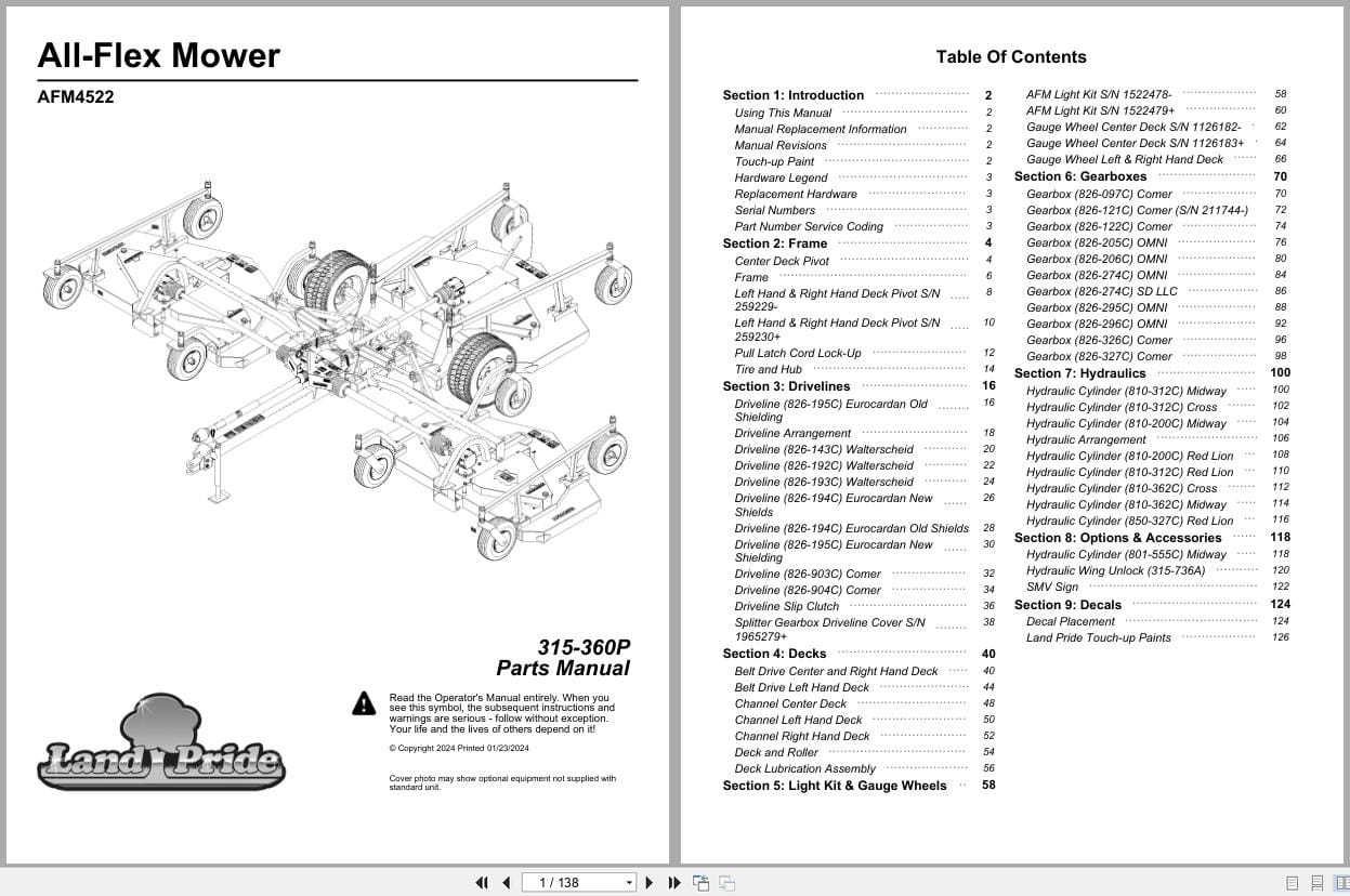 Land Pride All Flex Mower AFM4522 Parts Manual 315 360P (1)