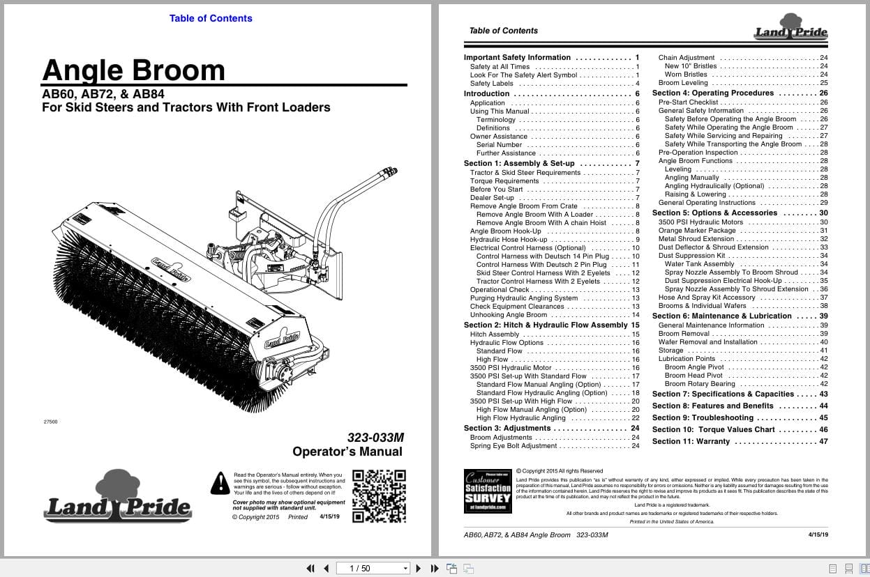 Land Pride Angle Broom AB60 AB72 AB84 Operation Manual 323 033M (1)