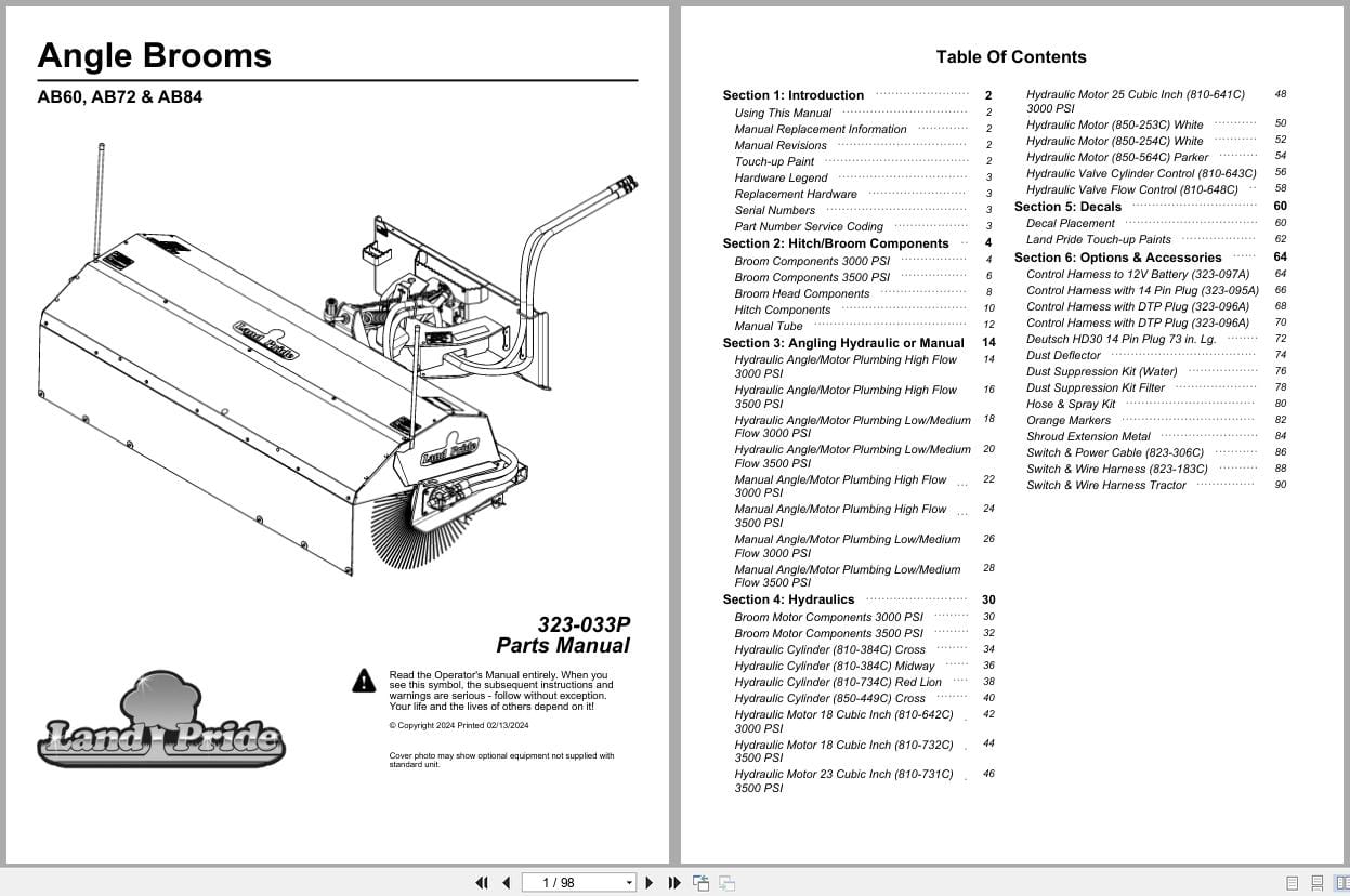Land Pride Angle Brooms AB60 AB72 AB84 Parts Manual 323 033P (1)