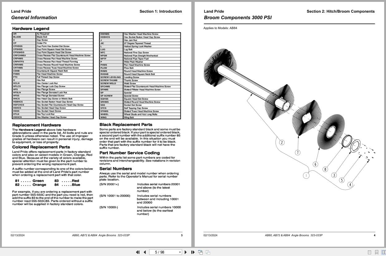 Land Pride Angle Brooms AB60 AB72 AB84 Parts Manual 323 033P (2)