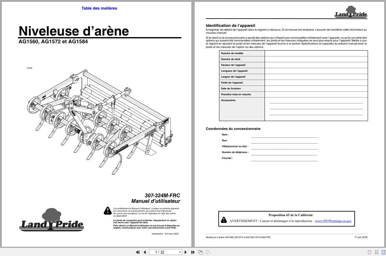 Land Pride Arena Grader AG1560 AG1572 AG1584 Operator Manual 307 324M FRC FR (1)