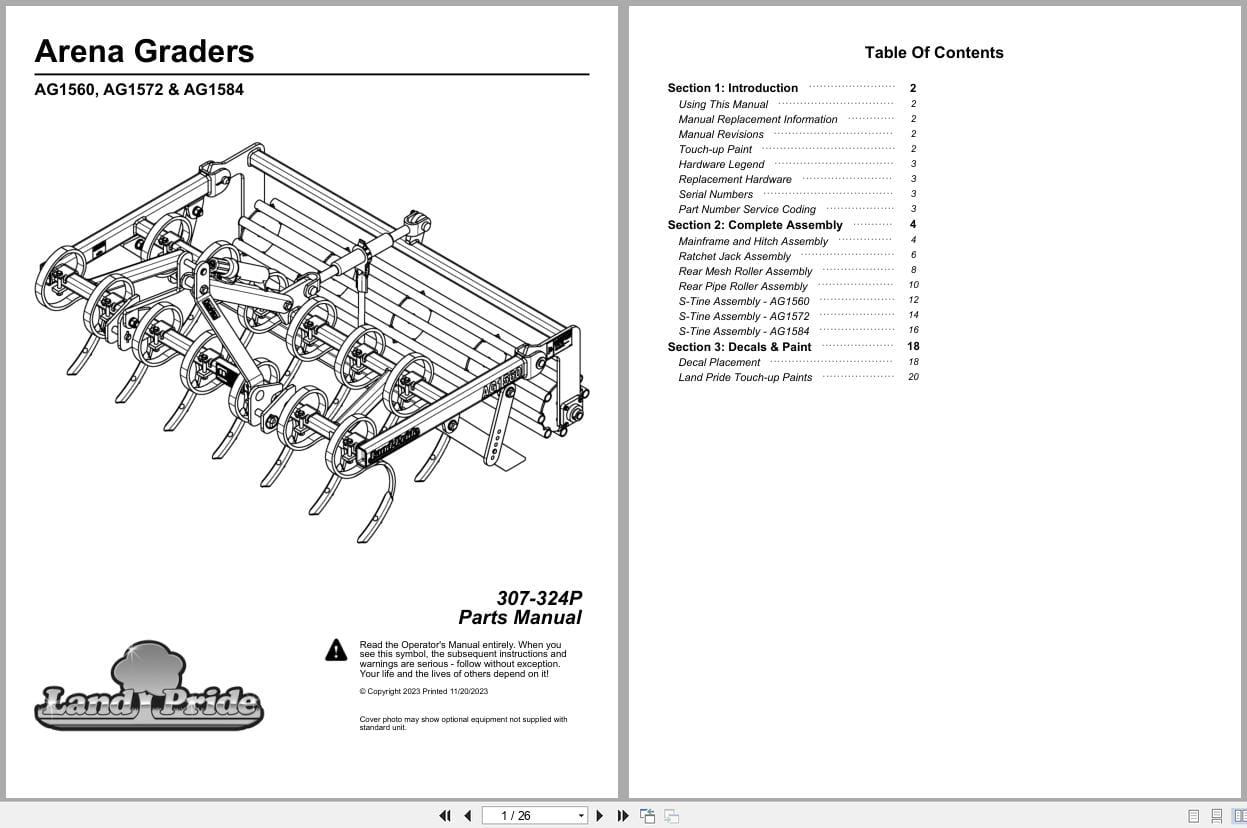 Land Pride Arena Grader AG1560 AG1572 AG1584 Parts Manual 307 324P (1)