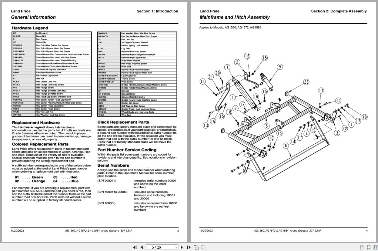 Land Pride Arena Grader AG1560 AG1572 AG1584 Parts Manual 307 324P (2)