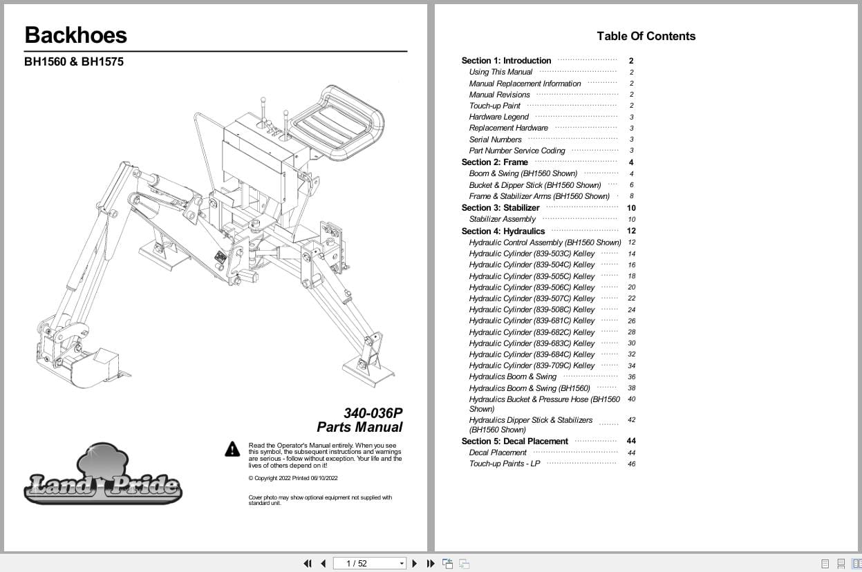 Land Pride Backhoe BH1560 BH1575 Parts Manual 340 036P (1)