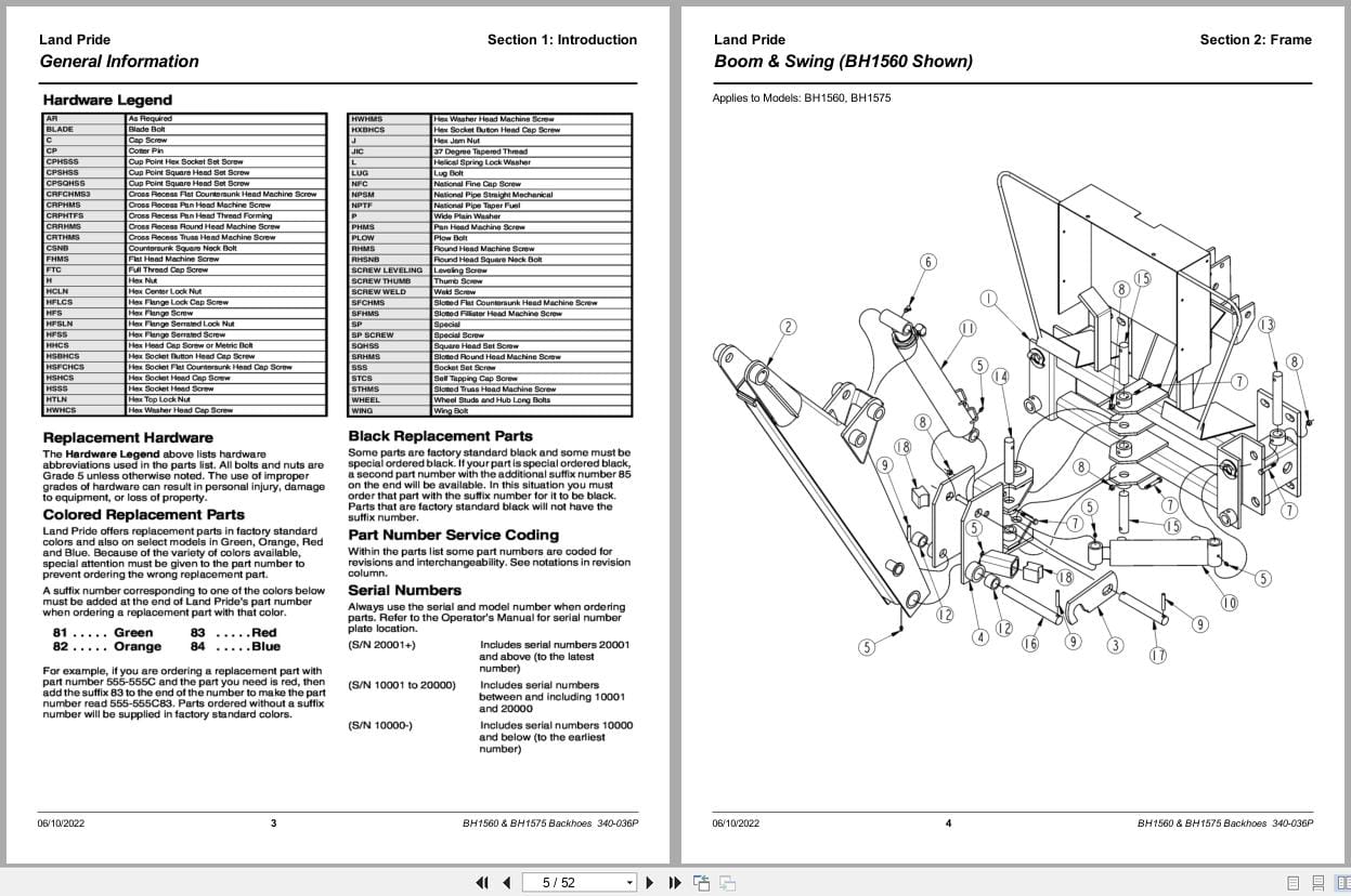 Land Pride Backhoe BH1560 BH1575 Parts Manual 340 036P (2)