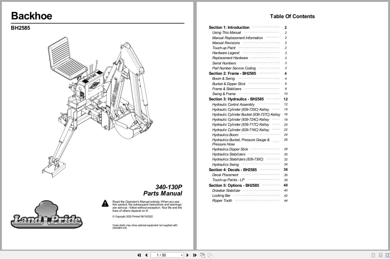 Land Pride Backhoe BH2585 Parts Manual 340 130P (1)