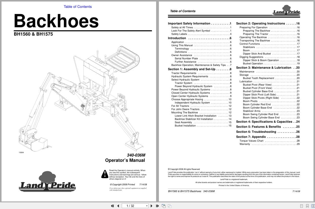 Land Pride Backhoes BH1560 BH1575 Operation Manual 340 036M (1)