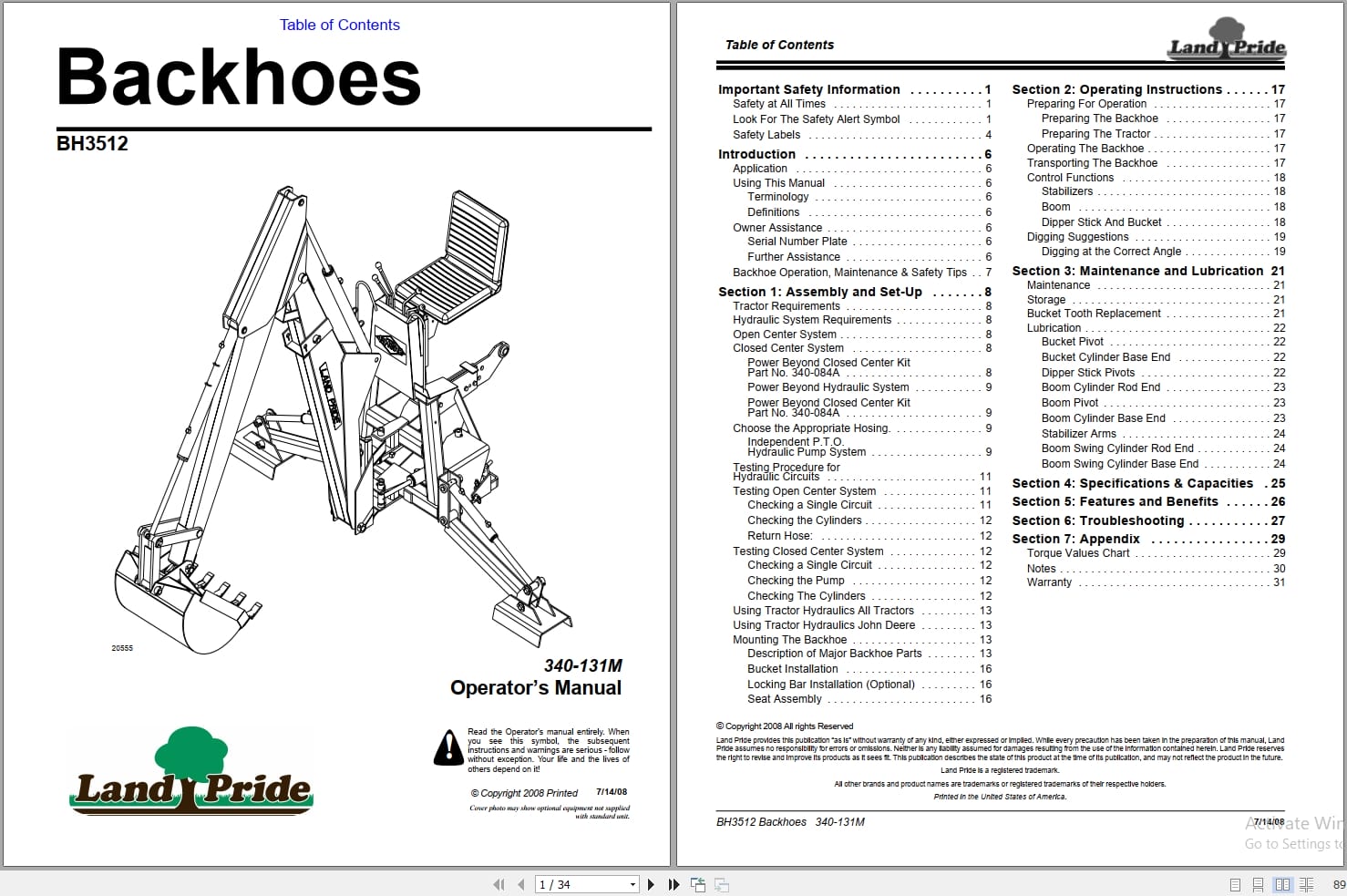 Land Pride Backhoes BH3512 Operator Manual 340 131M (1)