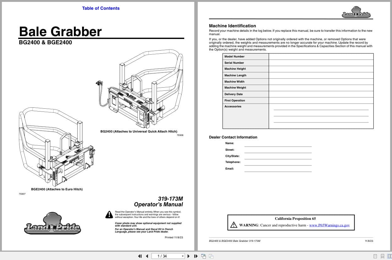 Land Pride Bale Grabber BG2400 BGE2400 Operation Manual 319 173M (1)