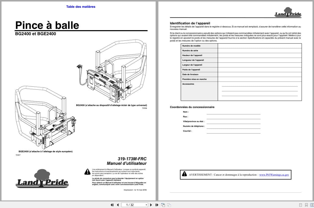 Land Pride Bale Grabber BG2400 BGE2400 Operator Manual 319 173M FRC FR (1)