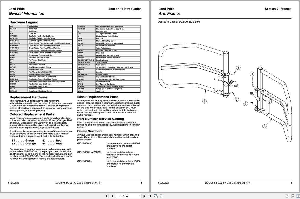 Land Pride Bale Grabber BG2400 BGE2400 Parts Manual 319 173P (2)