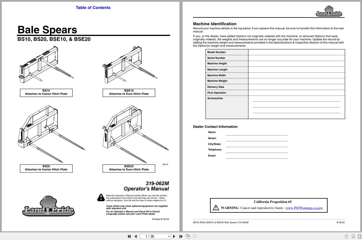 Land Pride Bale Spears BS10 BS20 BSE10 BSE20 Operation Manual 319 062M (1)