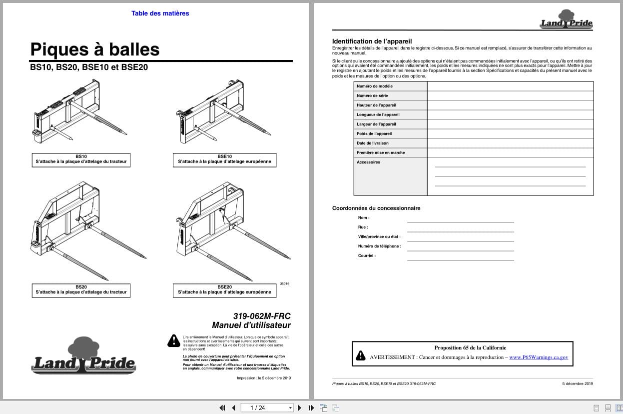 Land Pride Bale Spears BS10 BS20 BSE10 BSE20 Operator Manual 319 062M FRC FR (1)