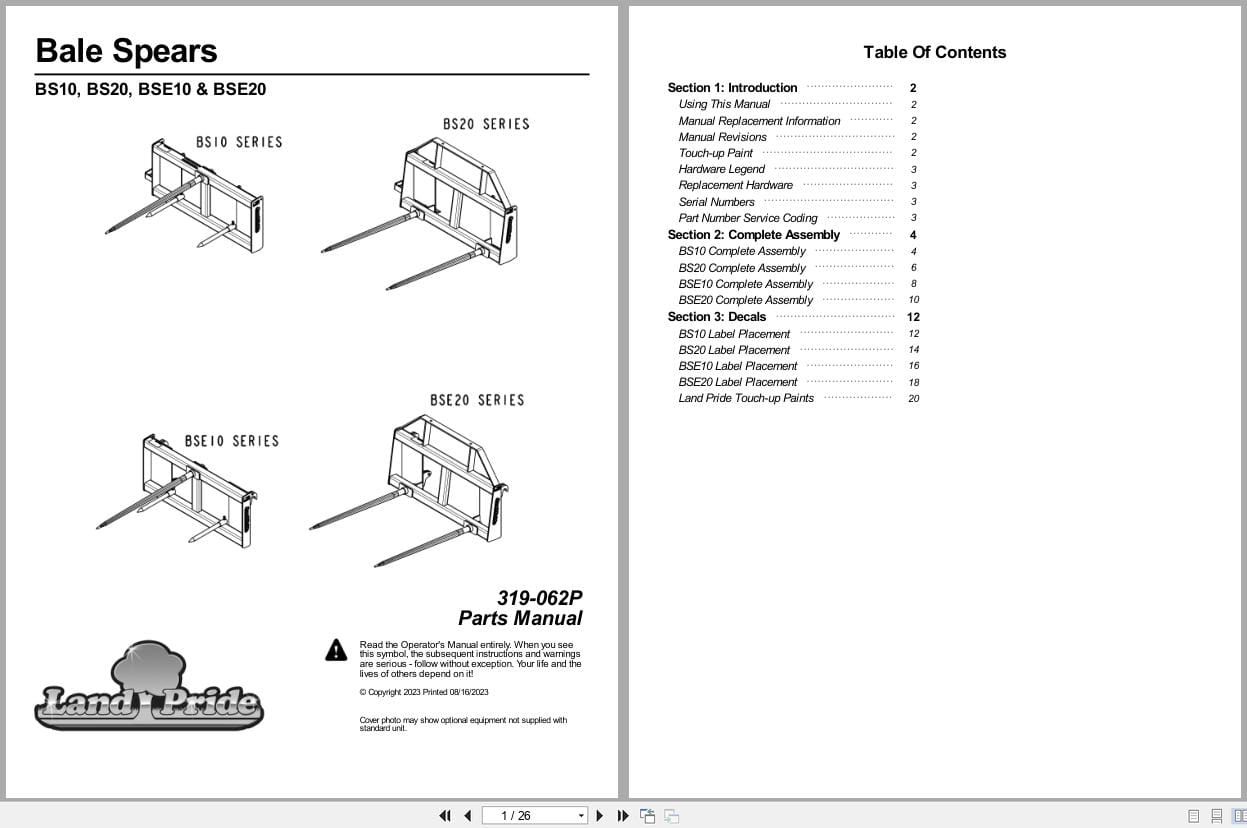 Land Pride Bale Spears BS10 BS20 BSE10 BSE20 Parts Manual 319 062P (1)