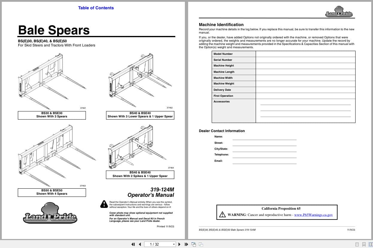 Land Pride Bale Spears BS30 to BSE50 Operation Manual 319 124M (1)
