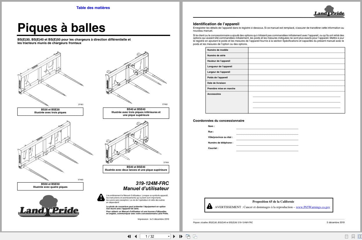 Land Pride Bale Spears BS30 to BSE50 Operator Manual 319 124M FRC FR (1)