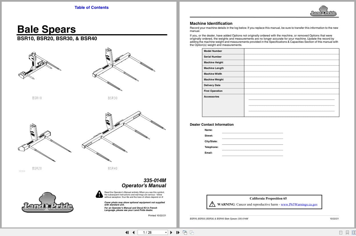 Land Pride Bale Spears BSR10 BSR20 BSR30 BSR40 Operation Manual 335 014M (1)