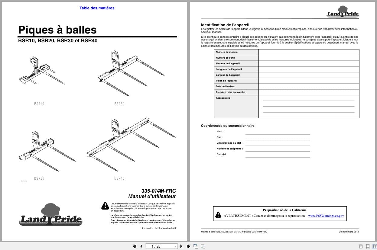 Land Pride Bale Spears BSR10 BSR20 BSR30 BSR40 Operator Manual 335 014M FRC FR (1)