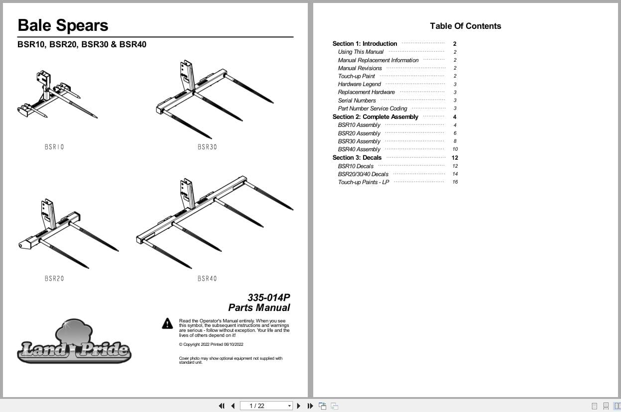 Land Pride Bale Spears BSR10 BSR20 BSR30 BSR40 Parts Manual 335 014P (1)