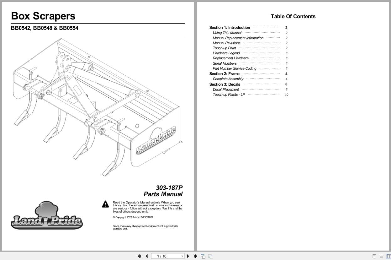 Land Pride Box Scrapers BB0542 BB0548 BB0554 Parts Manual 303 187P (1)