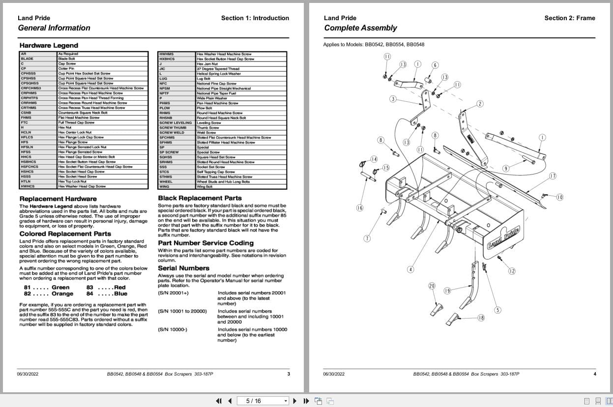 Land Pride Box Scrapers BB0542 BB0548 BB0554 Parts Manual 303 187P (2)