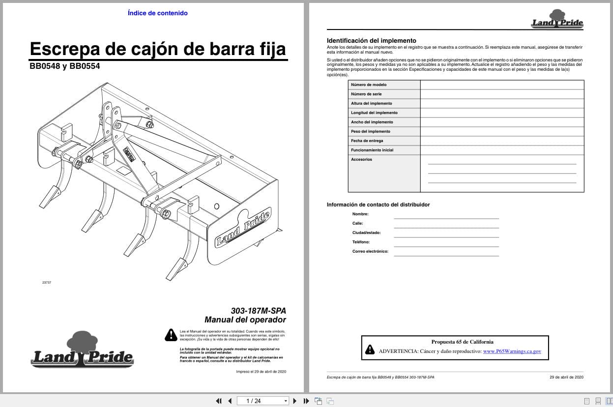 Land Pride Box Scrapers BB0548 BB0554 Operator Manual 303 187M SPA ES (1)