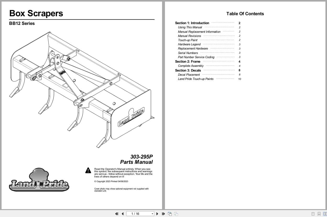 Land Pride Box Scrapers BB12 Parts Manual 303 295P (1)
