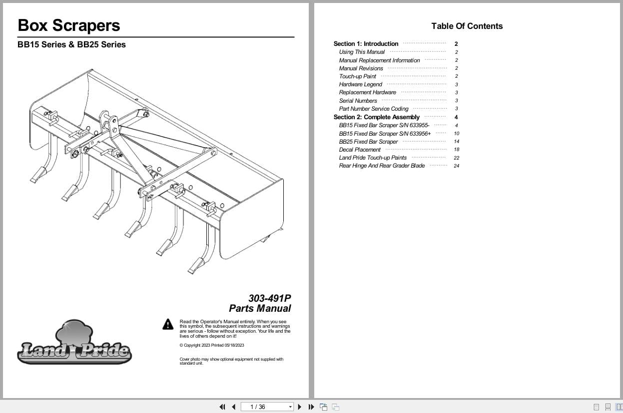 Land Pride Box Scrapers BB15 BB25 Series Parts Manual 303 491P (1)