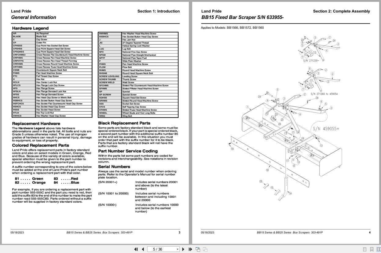 Land Pride Box Scrapers BB15 BB25 Series Parts Manual 303 491P (2)