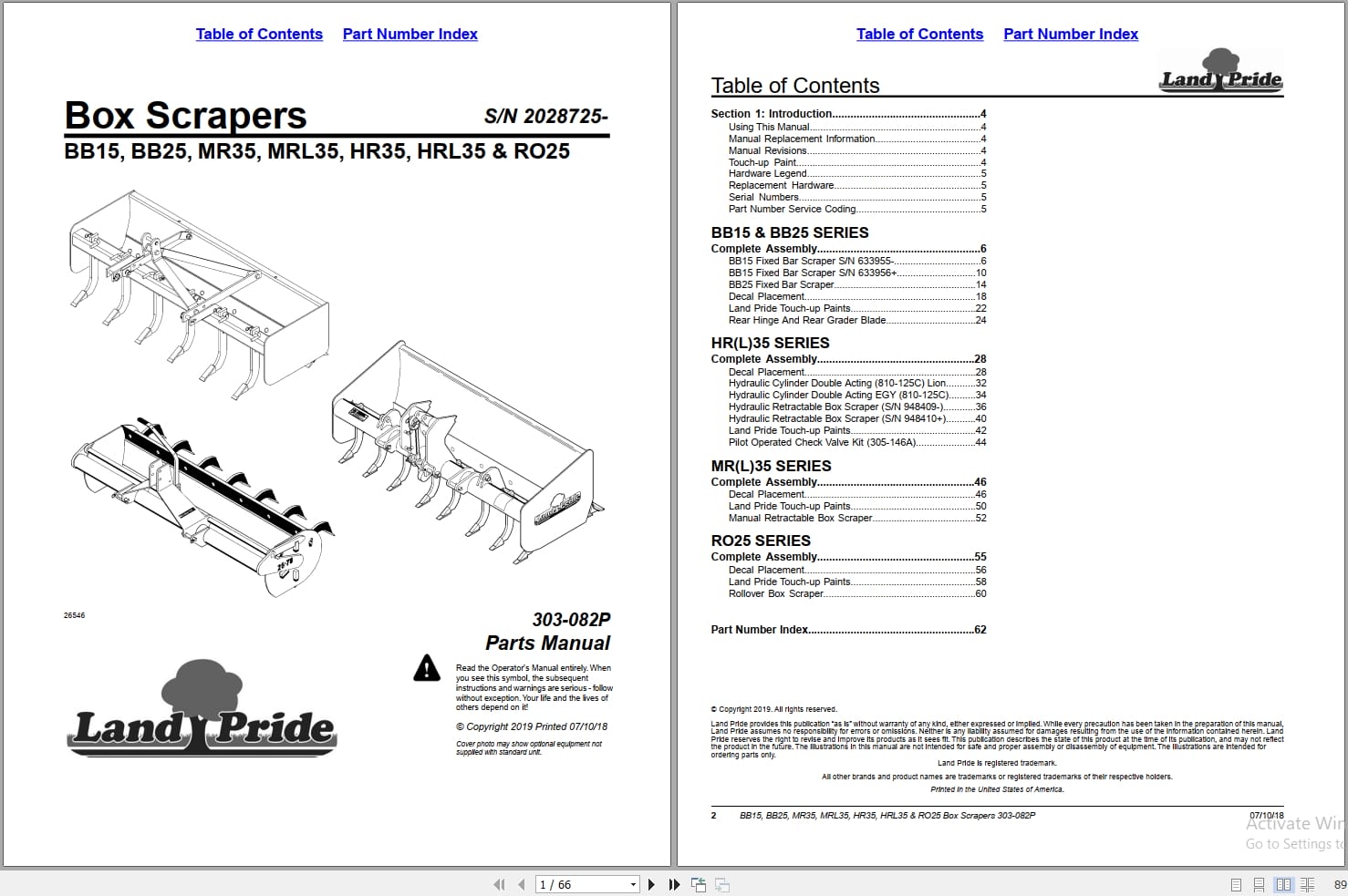 Land Pride Box Scrapers BB15 to HRL35 RO25 Parts Manual 303 082P (1)