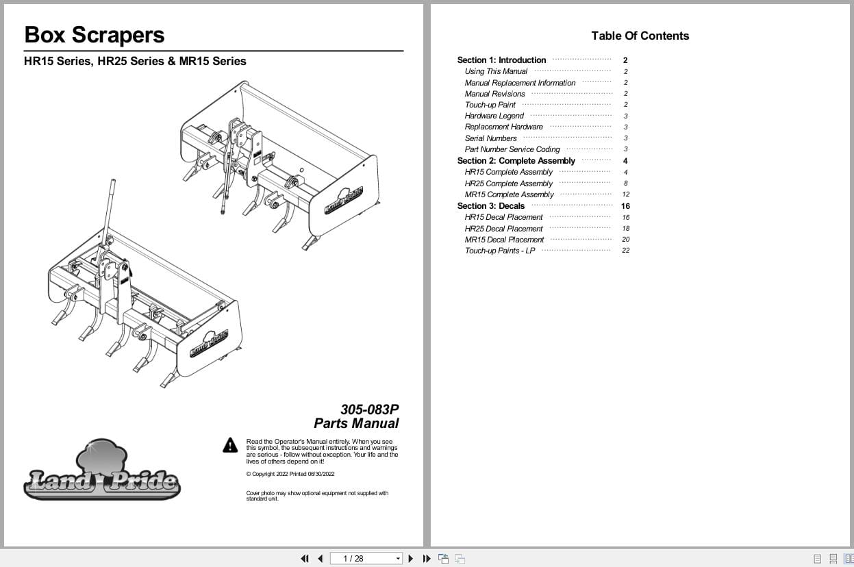 Land Pride Box Scrapers HR15 HR25 MR15 Series Parts Manual 305 083P (1)